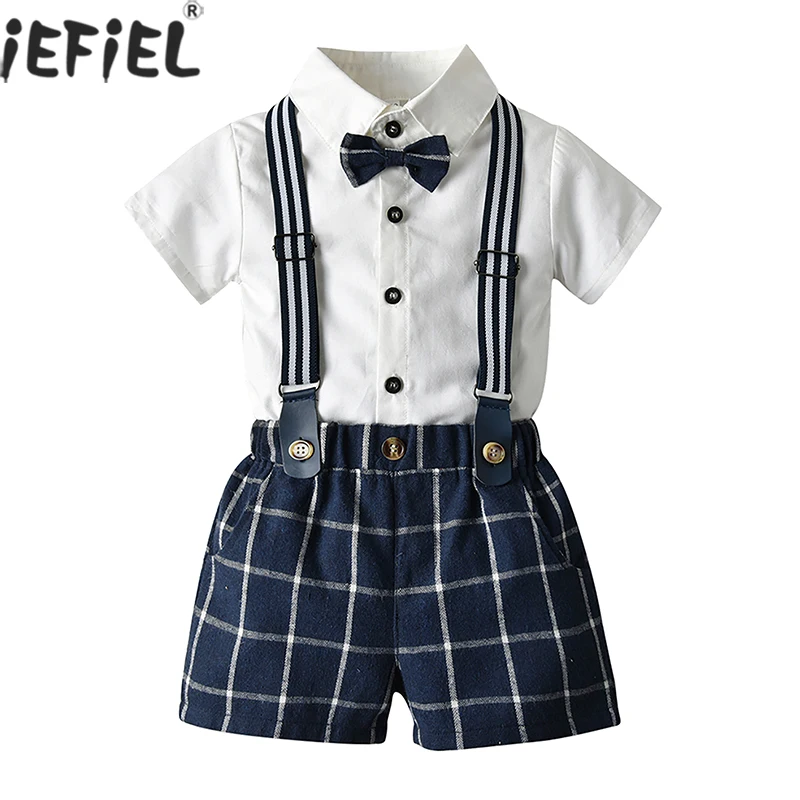 

Toddler Baby Boy Gentleman Formal Suit For First 1st Birthday Party Wedding T-shirt+Suspender Pants Bow Tie Sets Baptism Costume