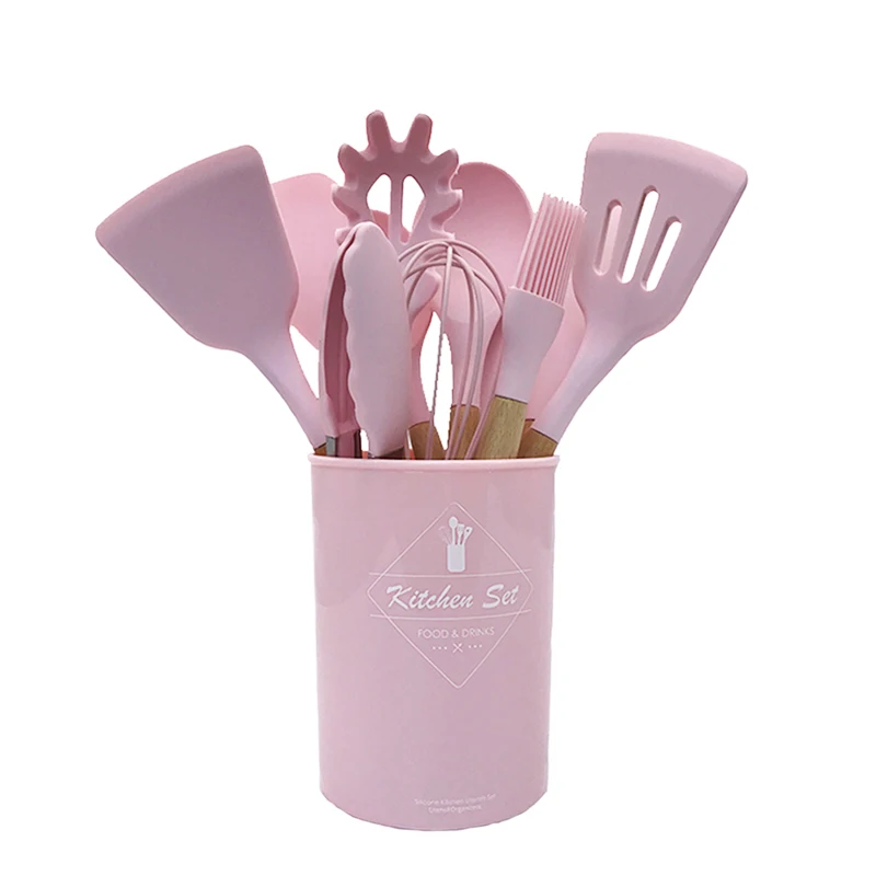 

9 or 12pcs Pink Cooking Tools Set Premium Silicone Kitchen Cooking Utensils Set with Storage Box Turner Tongs Spatula Soup Spoon