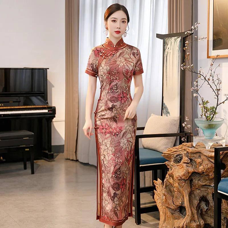 

Lady Print Flower Cheongsam Mandarin Collar Satin Party Dress Gown Vintage Button Chinese Traditional Qipao Sexy Sheath Vestidos