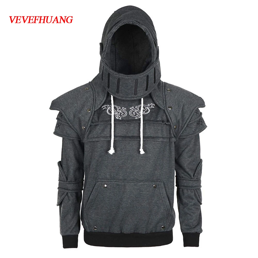 

VEVEFHUANG Cosplay Vintage Medieval Knight Hoodie Warrior Soldier Hooded Sweatshirt Mask Armor Pullover Cosplay Hollween Costume