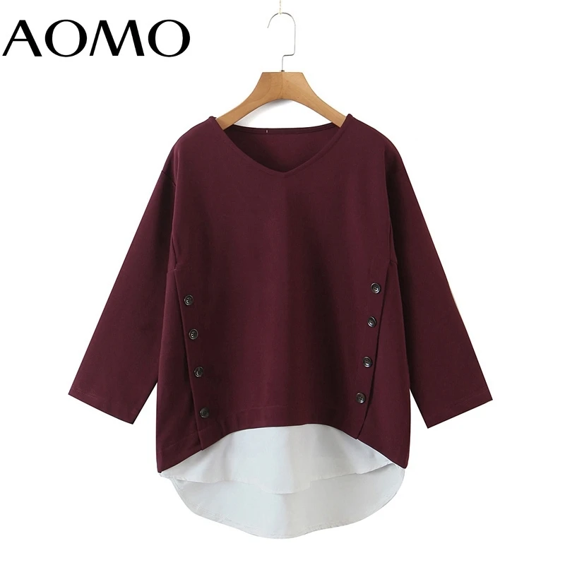 

AOMO 2022 Women Patchwork T Shirt Long Sleeve O Neck Tees Ladies Casual Tee Shirt Street Wear Top 8H192A