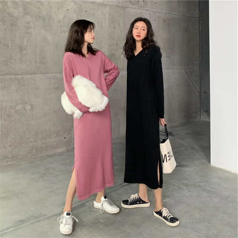 

Autumn and Winter New Women's Long-Sleeved Hooded Knitted Dress Loose Thin over the Knee Sweater Dress