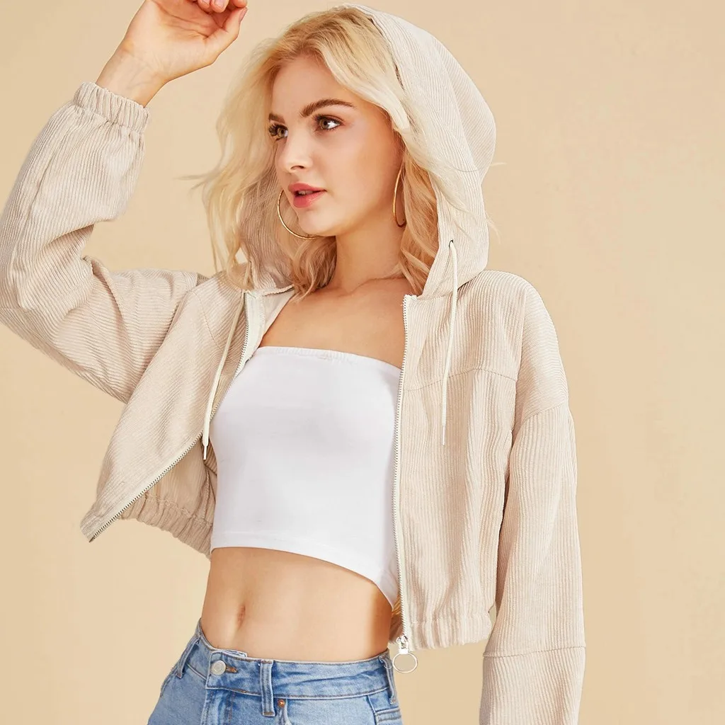 Short Hoodie Crop Top Women Casual Long Sleeve Hooded Sweatshirt Harajuku Corduroy Zip-Up Pocket Shirt And Blouse#0909 | Женская одежда