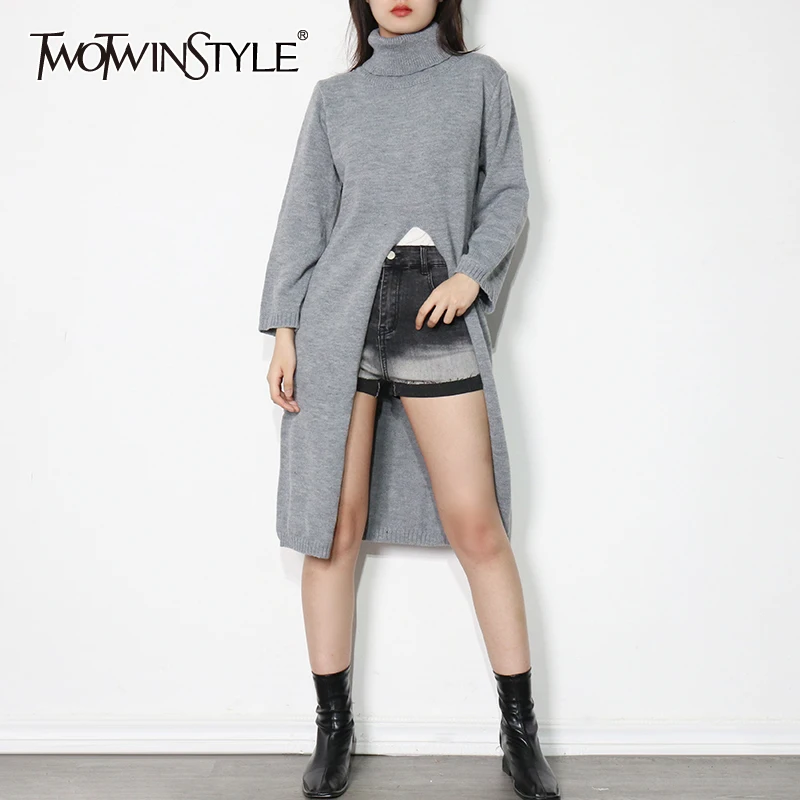 

TWOTWINSTYLE Side Split Knitted Pullovers Female Turtleneck Long Sleeve Casual Minimalist Solid Sweater Female Fashion New Fall