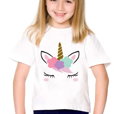 

Cartoon Girl Short Sleeve T-shirt Tops White Print Colorful Unicorn Kids Children Clothing 0-12 Years Fashion Casual T-shirt