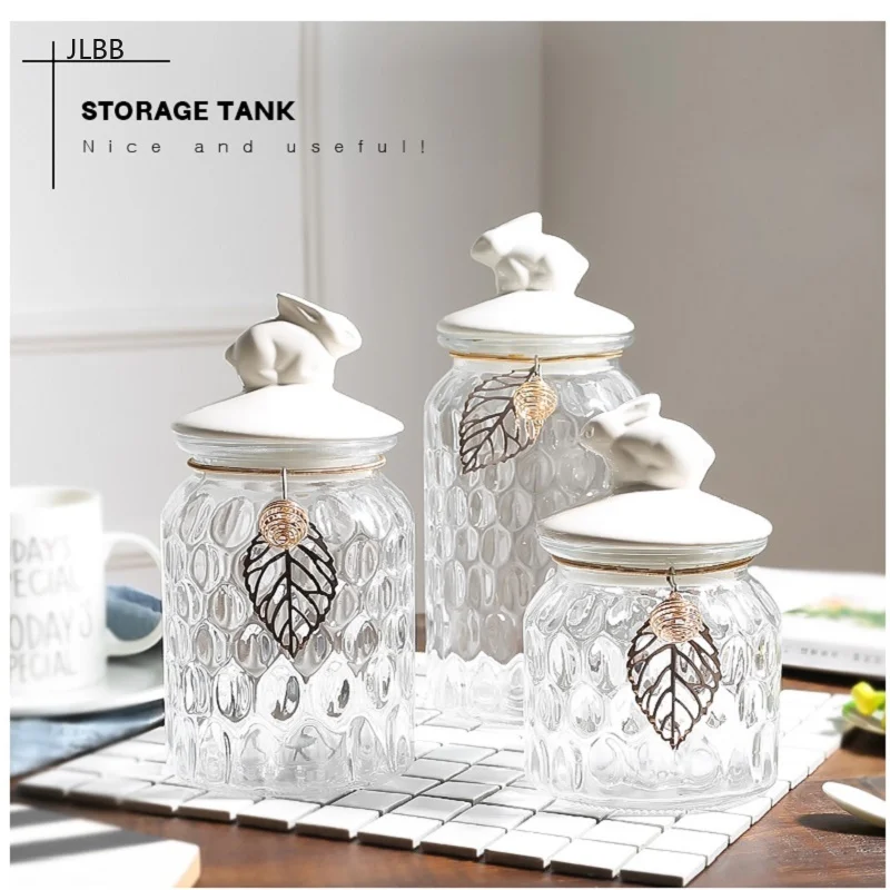 

Sugar Cans European Glass Candy Storage Jar Ceramic Rabbit Cover Crystal Storage Tank Decoration Ornaments Kitchen Crystal Jar