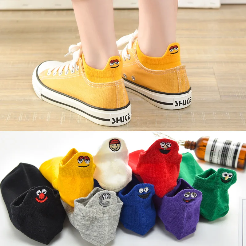 Kawaii Embroidered Expression Women Cartoon Socks Happy Ankle Funny Harajuku Cute Cotton Short Sox Girl Sokken | Женская одежда