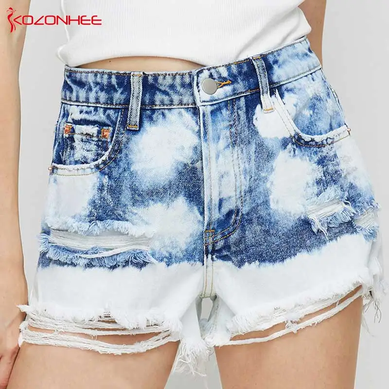 

Loose Blue Ripped Inelastic Women Denim Shorts With High Waist Hole Female Summer Tie Dye Shorts For Women's jeans #15