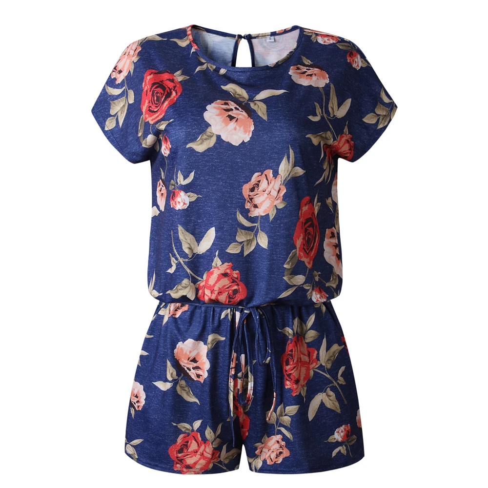 

Women Floral Print Fashion Playsuits 2020 Summer Vintage Short Sleeve Lace Up Short Jumpsuit Femme Casual O-neck Women Rompers
