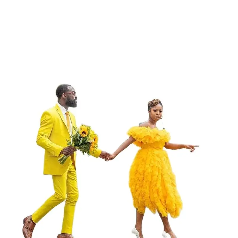 

Мужские костюмы из 2 предметов, желтые однобортные костюмы с отложным воротником, индивидуальный пошив, облегающее Деловое платье для шафер...