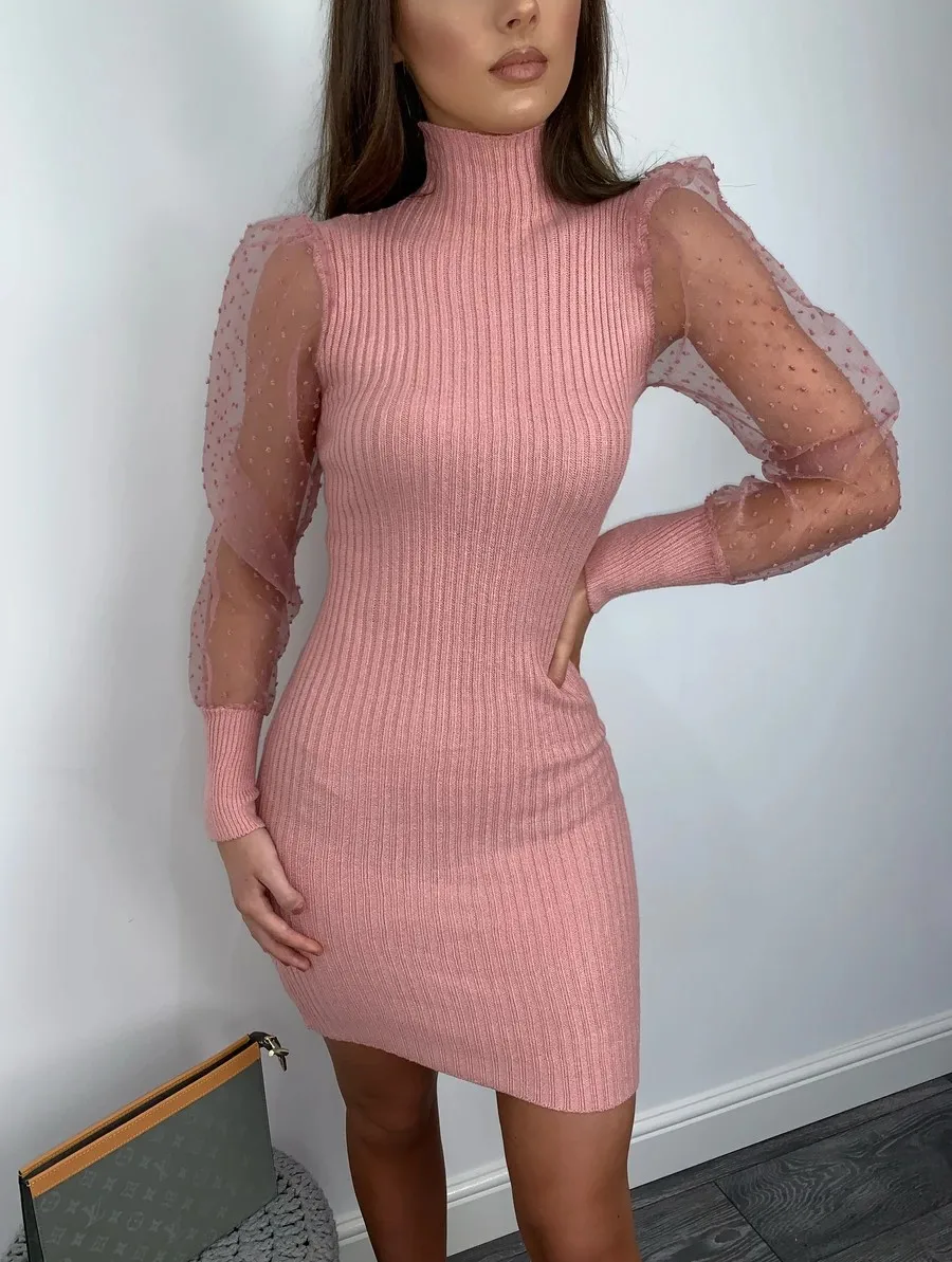 Женское Сетчатое прозрачное пышное платье в горошек с рукавами женское вечернее