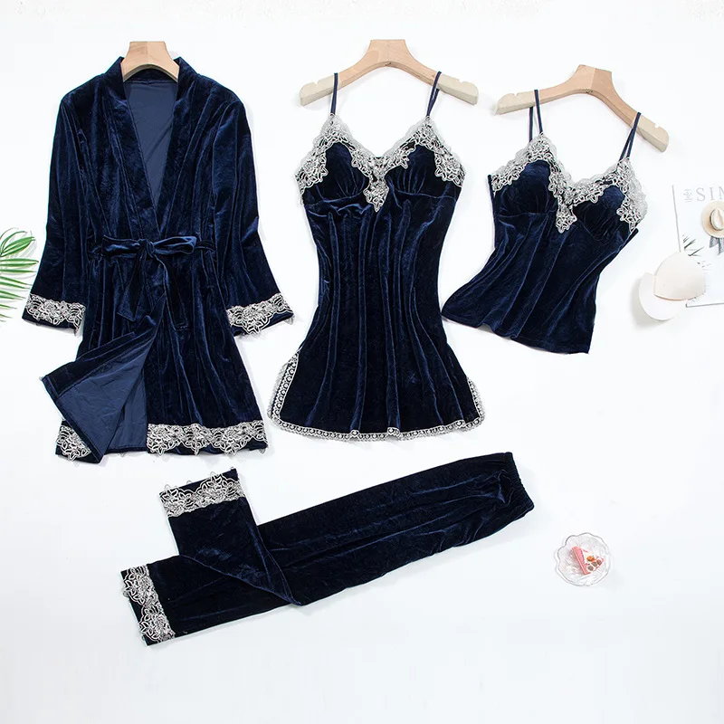 

4Pcs Bathrobe Robe Sets Velvet Sleepwear Nightgown Sexy Night Dress With Chest Pads Home Clothing Kimono Gown Lace Pajamas