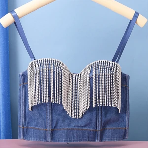 Ins стиль 2020 Новое джинсовое платье из бисера корсеты и бюстье, кисточками и бриллиантами, пуш-ап, для ночного клуба, без косточек Для женщин бюстгальтер укороченный топ размера плюс