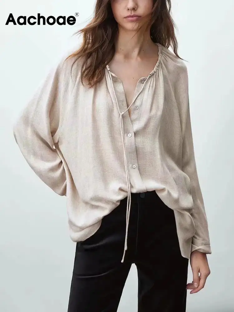 

Aachoae Solid Basic O Neck Blouses Shirts Single Breasted Long Sleeve Shirts Tops Female Casual Elegant Blouses With Bow Tied