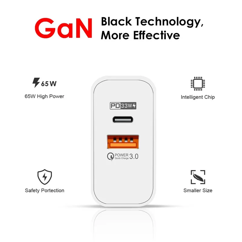 65W GaN Charger Quick Charge 3.0 USB Type C PD Fast Phone Chargers adapter for iPhone 13 12 11 Huawei P30 P40 P50 | Мобильные