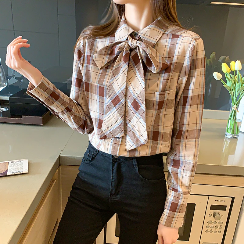 

Женская рубашка с длинным рукавом, Повседневная винтажная рубашка с бантом и лентой, весна-осень 2021