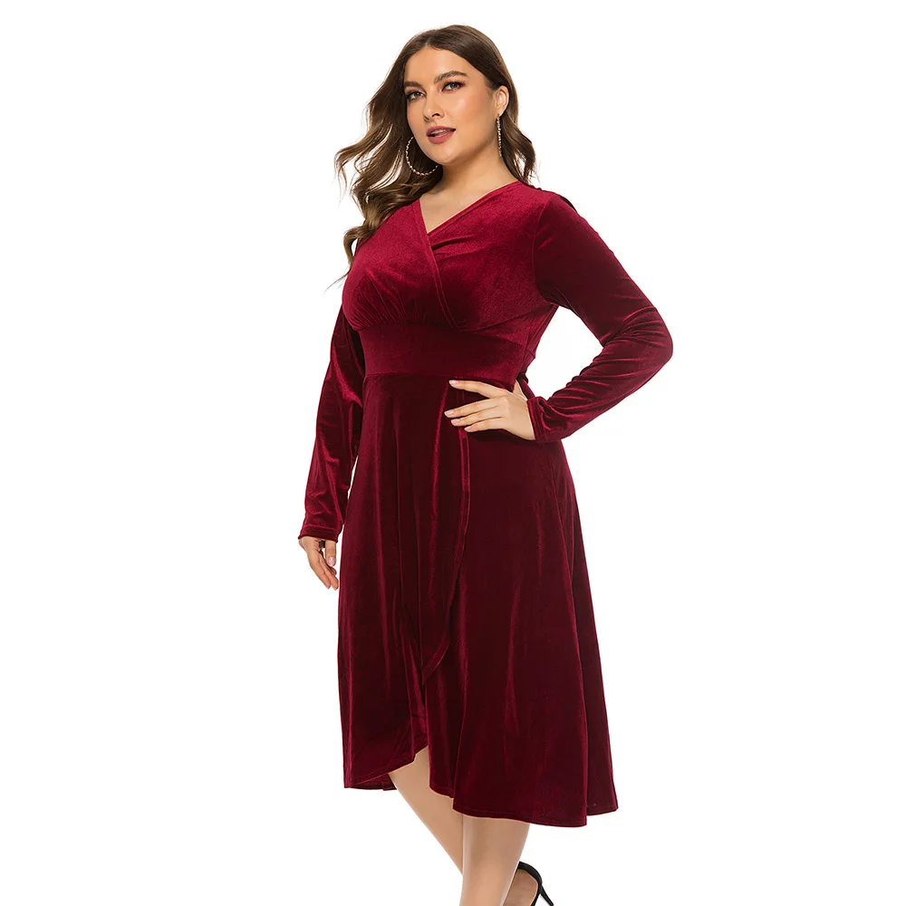 Осеннее женское велюровое платье большого размера с v-образным вырезом и высокой