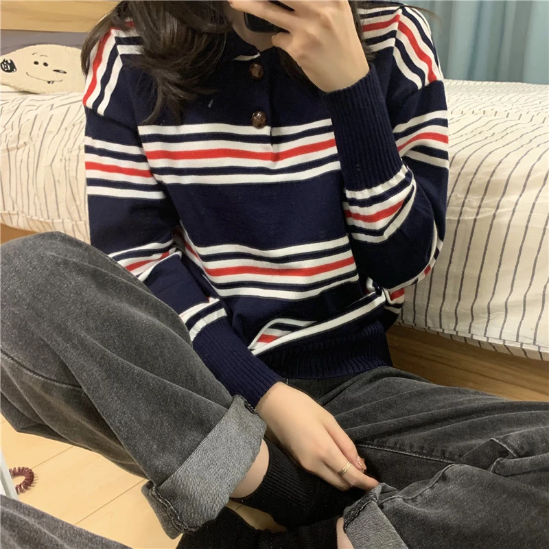 Polo Collar Striped Sweater Women Fashion Loose Casual Knitwear Tops Girls Soft Winter Long Sleeve Tunic Pulls | Женская одежда