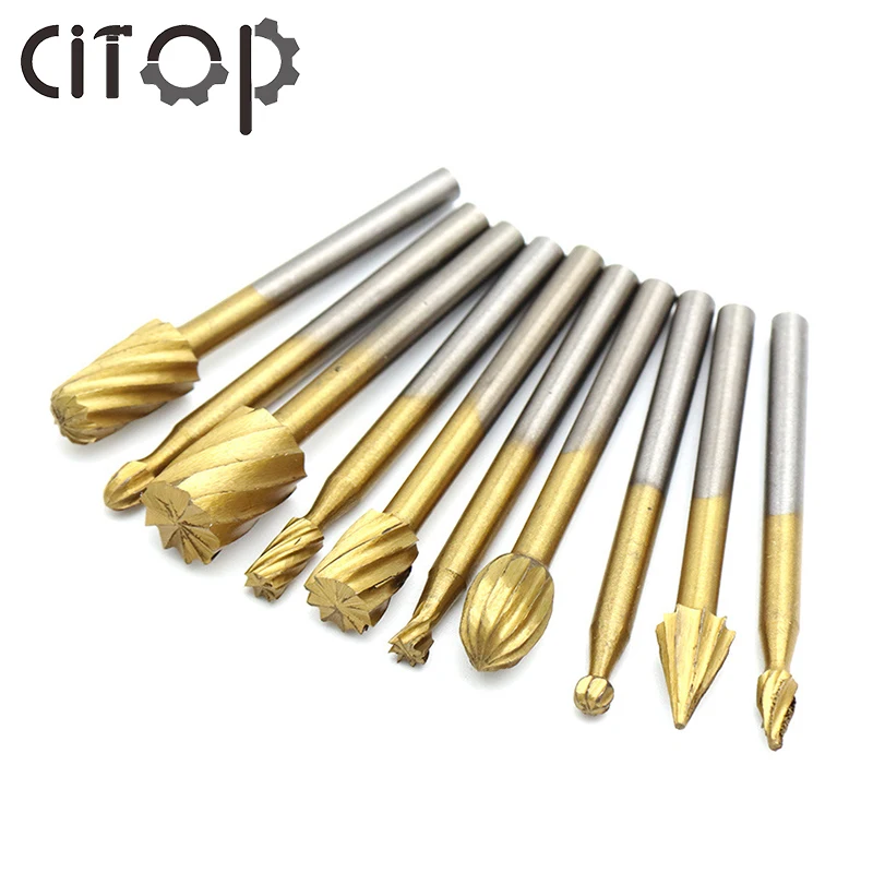 

Citop 10pcs/set Titanium Coating HSS Bit Engraving Cutter Files 3mm Round Shank Rotary Burr Set For Woodworking Carving Tool