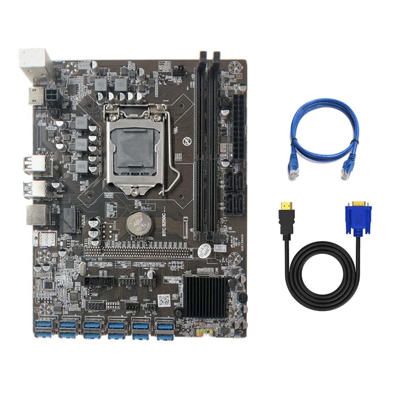

B250C Mining Motherboard with RJ45 Network Cable+HD to VGA Cable 12 PCIE to USB3.0 GPU Slot LGA1151 Support DDR4 RAM