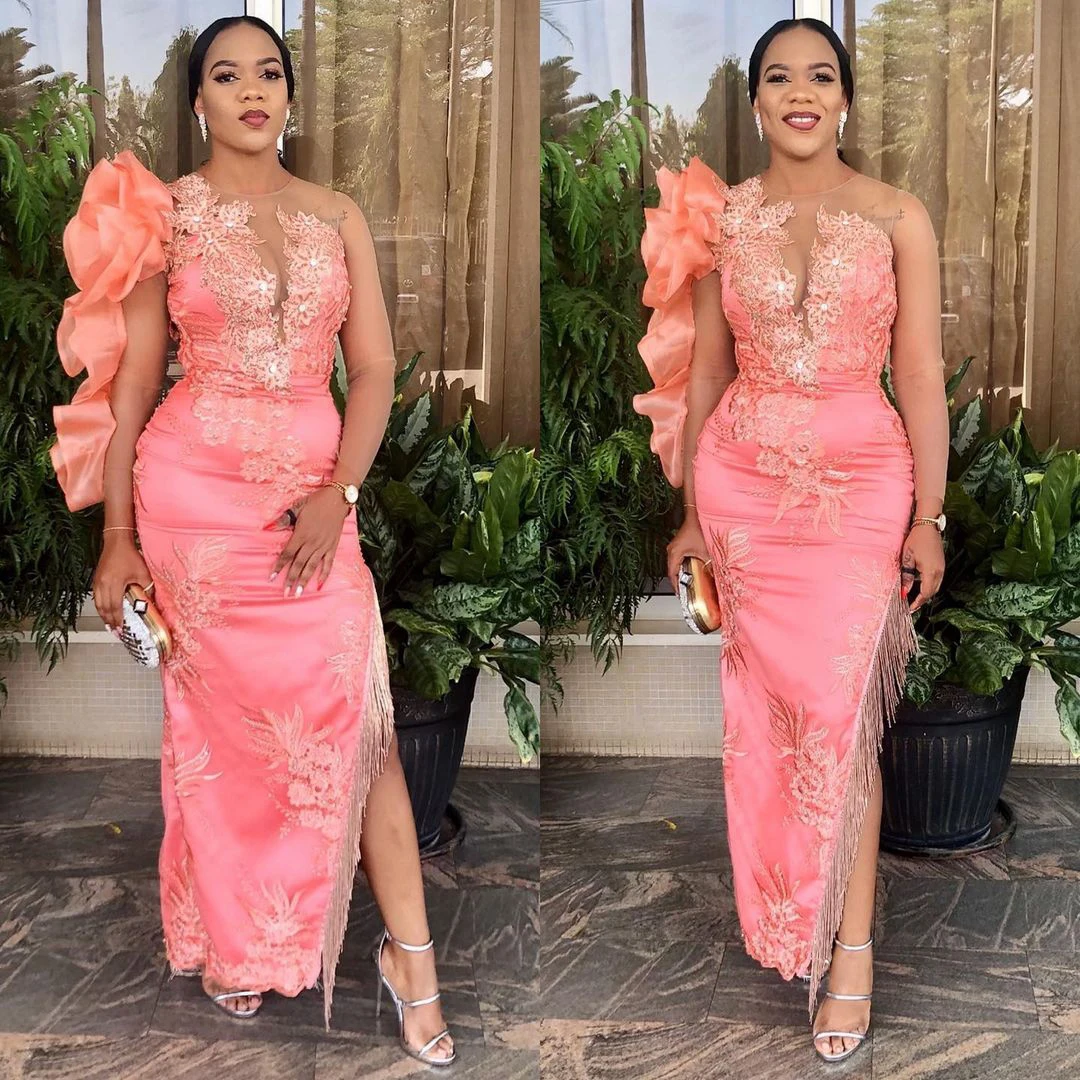 

Elegant Slit Prom Dresses Long Sleeves Extra Puffy Organza Lace Tassels Aso Ebi Pink Evening Gowns Ankle Length Plus Size