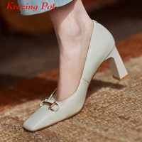 krazing pot brand full grain leather slip on square toe high heels basic clothing sweety metal fasteners women shallow pumps l23