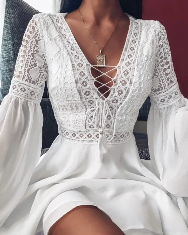 

ZOGAA Sexy Crochet Lace V-Neck Mini Dress 2021 Summer Flare Sleeve Chiffon Beach Dress Elegant Women Dress Party Sexy