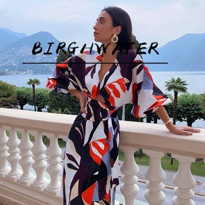 

2020 Casual Elegant Women Dress Print Deep V-neck Sexy Slim Dress Puff Sleeves Vintage Dress