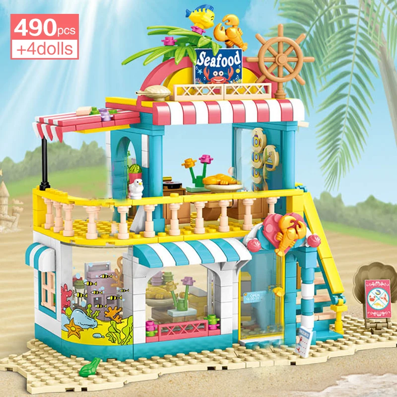 

490Pcs Seaside Seafood Restaurant Building Blocks Friends Holiday Gathering Dining Hall Street View Model Bricks Toys For Girls