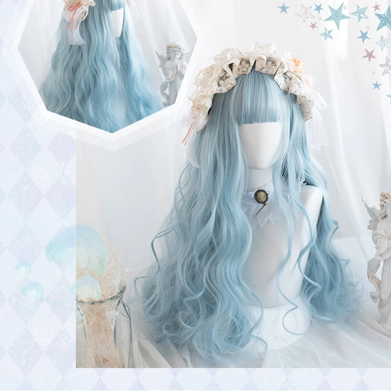

LM Lolita Long Curly Blue Ombre Heat Resistant Bangs Cute Party Synthetic Cosplay Wig