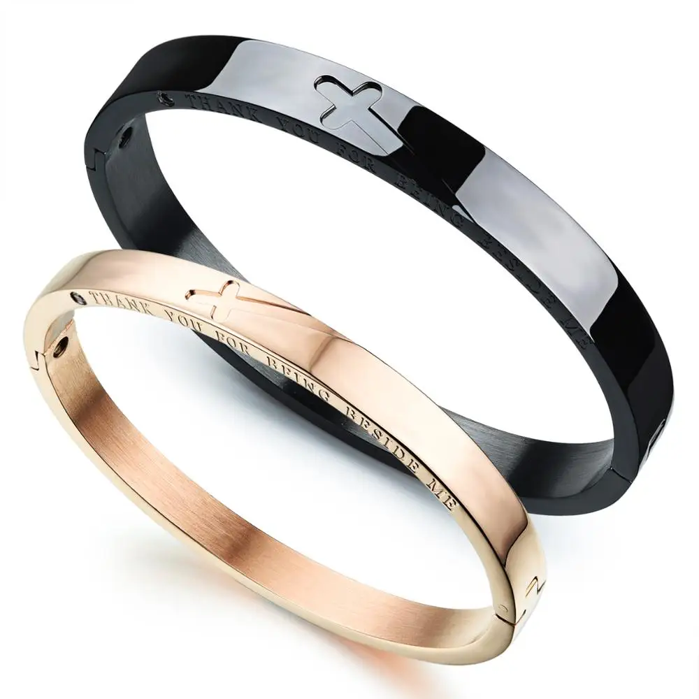 BONISKISS Custom Lover Couple Bracelet Stainless Steel Cross Rosegold Black Color Bracelets & Bangles For Men Women Gift 2020