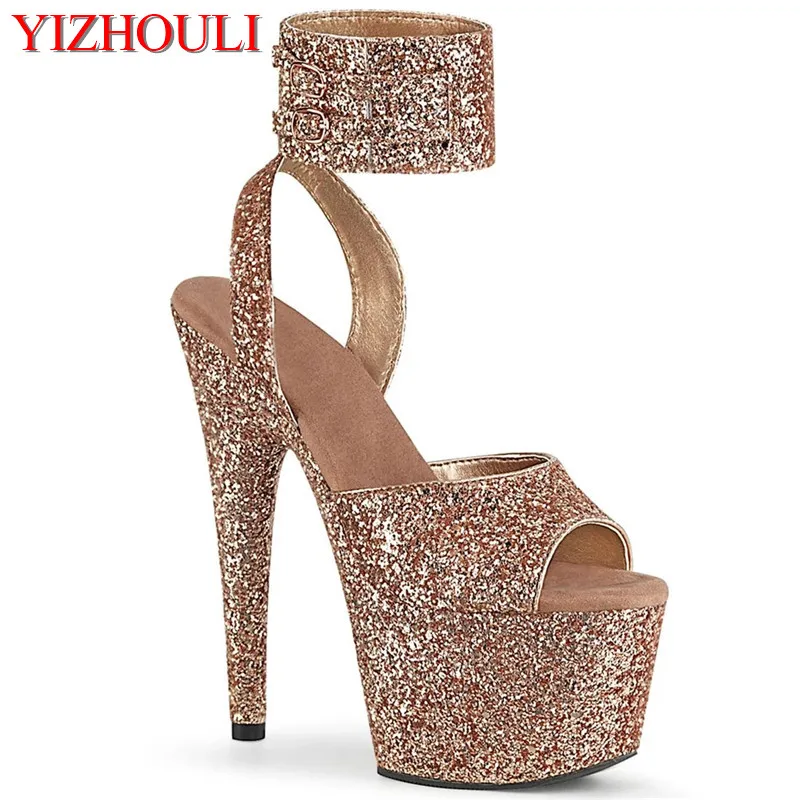 7 inches, sexy sequined fabric sandals, 17 cm heels for stage parties, nightclub pole dancing exercises, dancing shoes