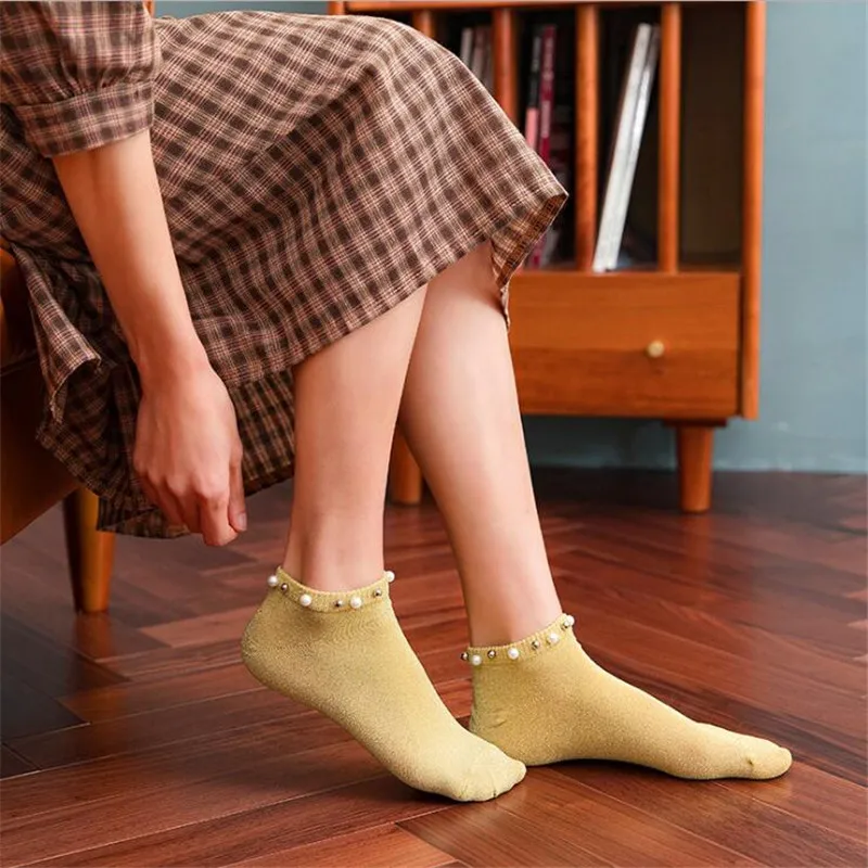 Новинка винтажные блестящие носки с жемчугом женские хипстерские Стразы