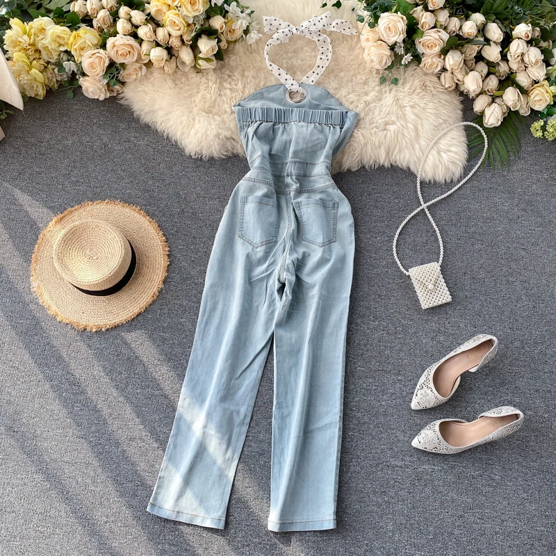 Женский джинсовый комбинезон повседневный однотонный Облегающий без рукавов