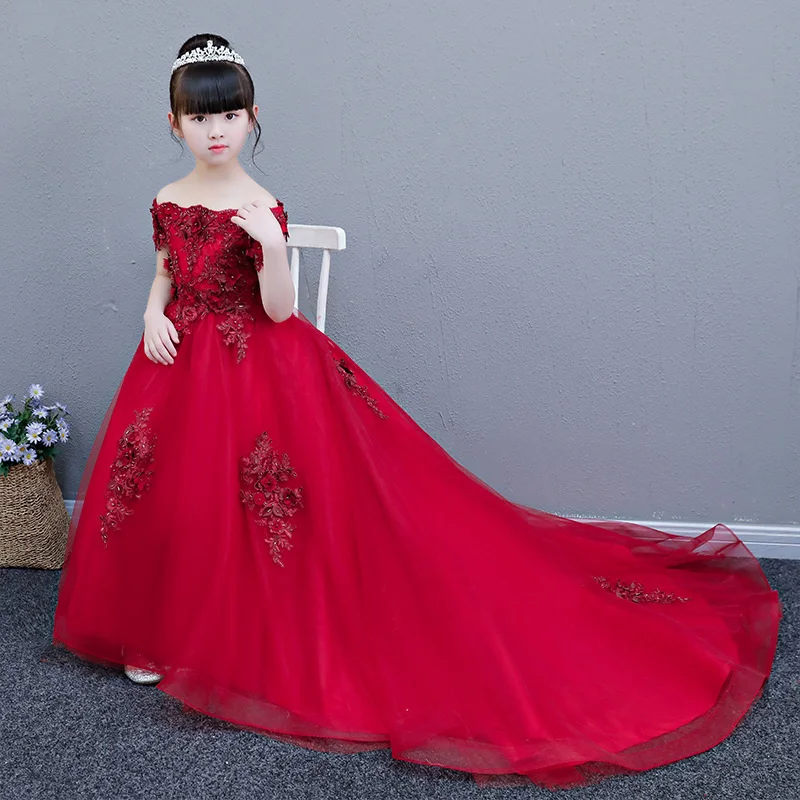 

Flower Girl Dresses For Party It's Yiiya B014 Elegant Soybean Long Train Girls Princess Gown Beading Appliques Communion Dress