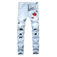mens youthful ripped straight high quality embroidery pants denim casual male fashion male trousers versatile streetwear jeans