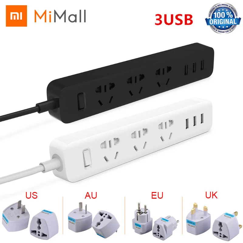 Xiaomi Mijia power Strip 1,8 м(5,9 фута) 3 гнезда 10 А 250 в 2500 Вт 3 порта USB 5 в 2,1 а EU AU UK мкА Plug адаптер для путешествий