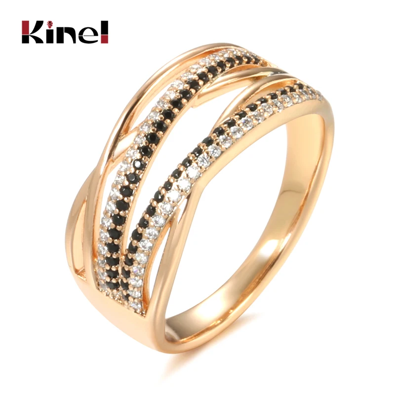 

Kinel Natural Black Zircon Cross Ring 585 Rose Gold Geometric Hollow Line Wedding Rings for Women Vintage Fashion Jewelry
