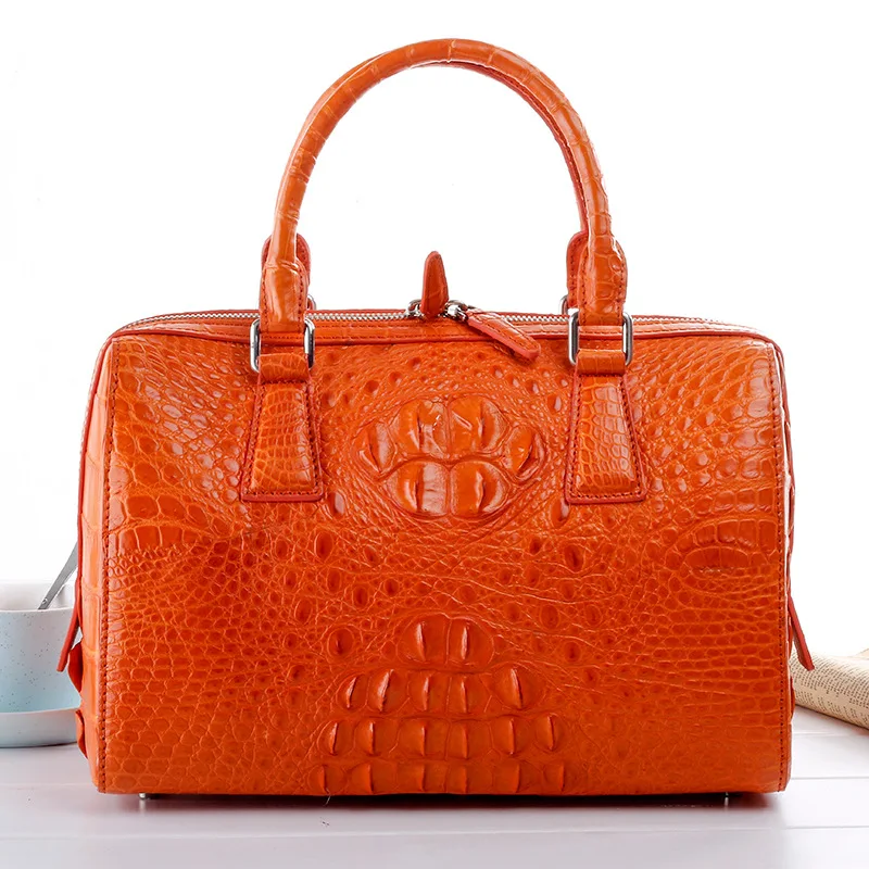 

Genuine Real Alligator Skin Women Orange Boston Purse Lady Handbag Exotic Authentic Crocodile Leather Female Cross Shoulder Bag
