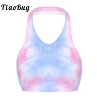 tiaobug women colorful printed tie up halter crop top backless workout sports dancewear practice pole dance costume sexy tops
