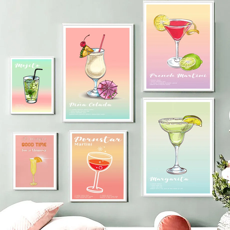 

Retro Cocktail Martini Lemon Wine Kitchen Wall Art Canvas Painting Nordic Posters And Prints Wall Pictures For Living Room Decor