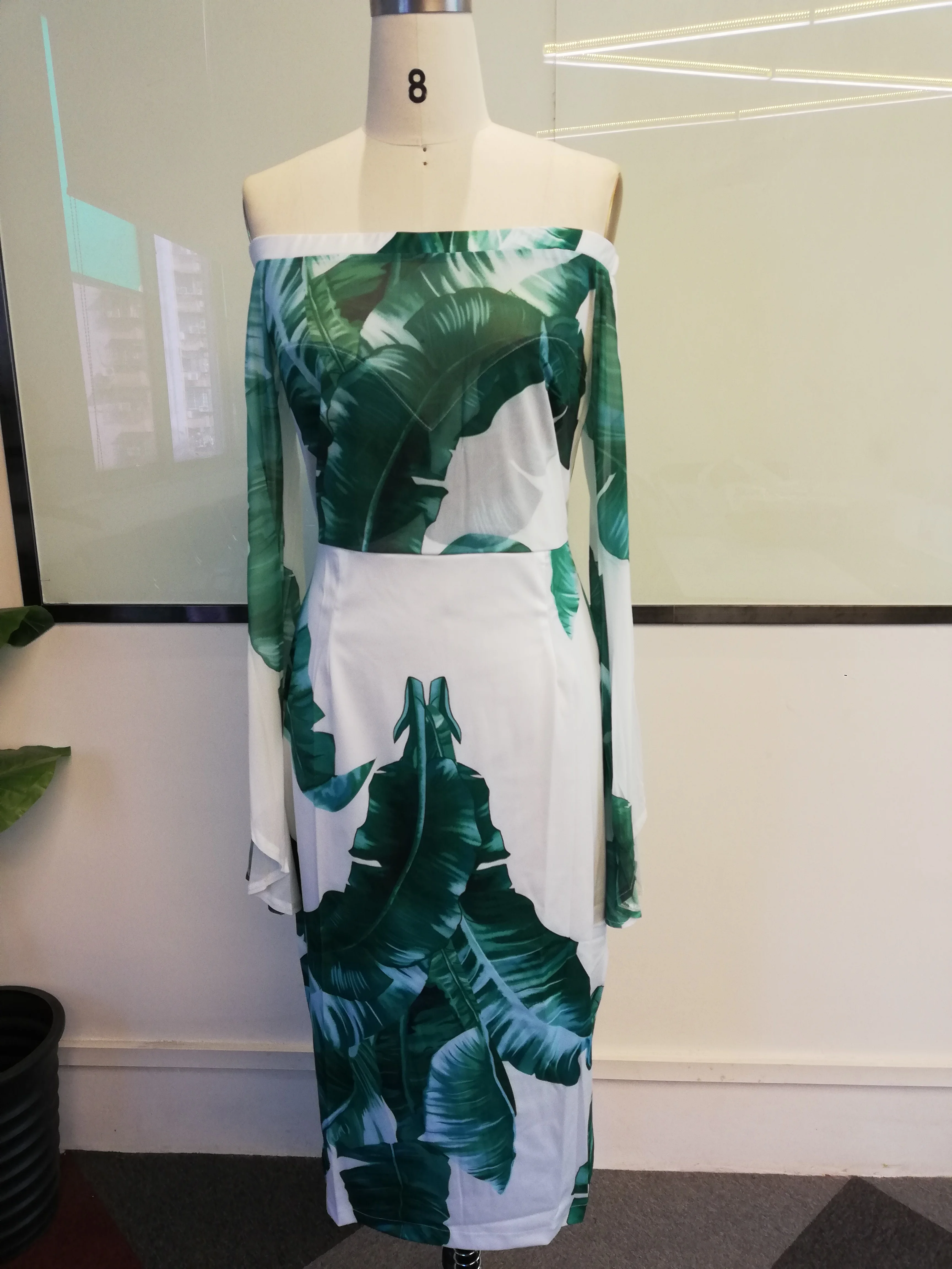 Green Leave печатных Bodycon платье с открытыми плечами длинным рукавом холодное плечо