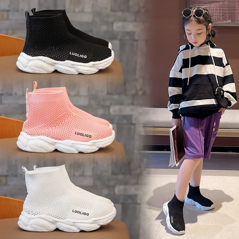 

Children Casual Shoes Sock Style High Top Sneakers Cut-outs Air Mesh Breathable Boys Girls Sneakers Kids Fashion Shoes Spring