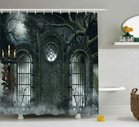 halloween shower curtain mysterious dark gothic church vampire candles light forest steel doors cloth fabric bathroom decor