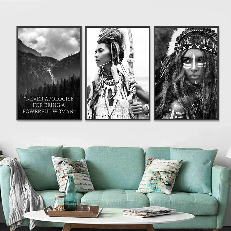 

Nordic Bohemian Poster Black and White Feather Headdress Mural Art Forest Landscape Canvas Painting Art Decor Frameless