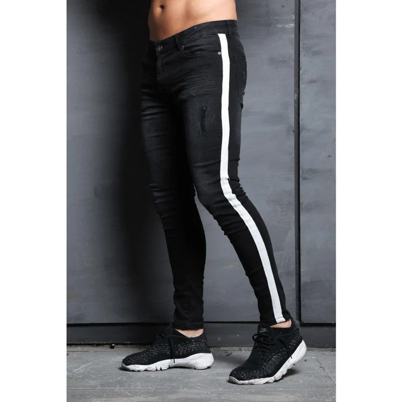 Black Ripped Jeans Men Fashion Side Stripe Stretch Skinny Denim Pencil Pants Hombre Slim Knee Hole Distressed Jeans Pantalones