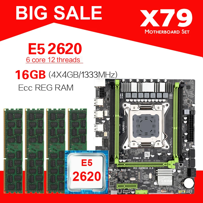 

X79 X79M-S motherboard LGA2011 E5 2620 CPU 4pcs x 4GB = 16GB DDR3 1333Mhz 10600 ECC REG Memory Set M-ATX combos M.2 SSD