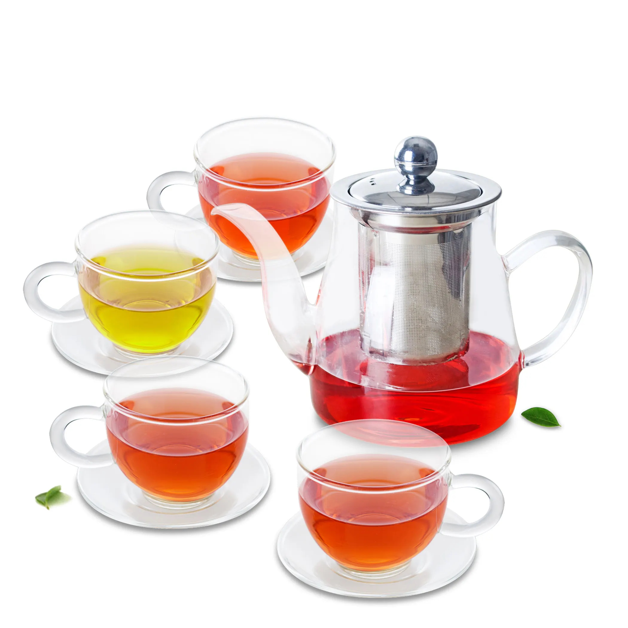 

Glass Flower Teapot w/ Stainless Steel Filter & 4PC Tea Cup Saucers Tea Set