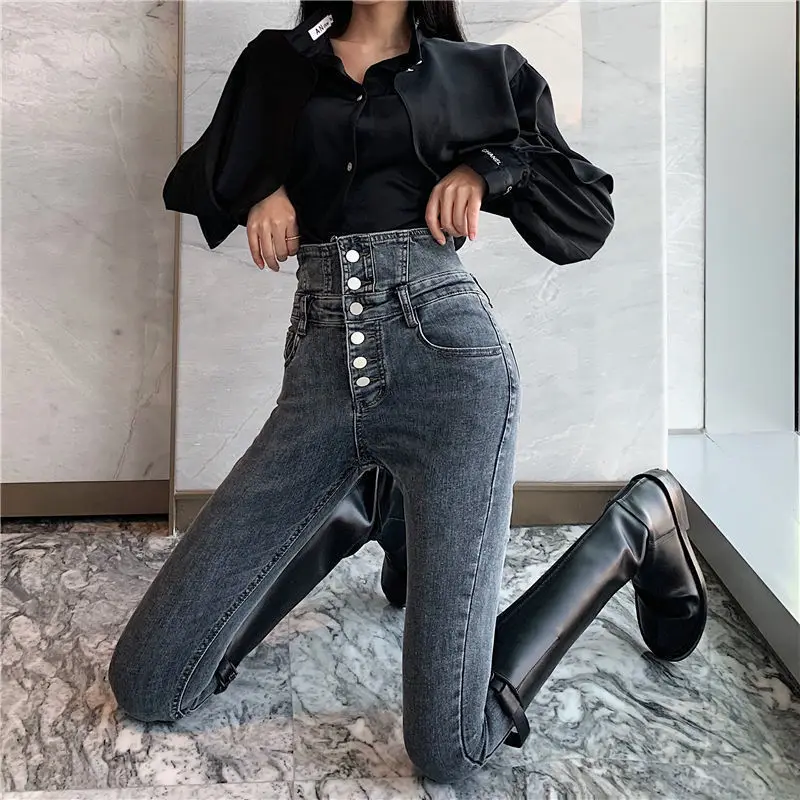 

High-quality New Vintage High-waist Stretch Skinny Jeans, Women's Fashion Stretch Button Pencil Pants Slim Casual Jeans Pants