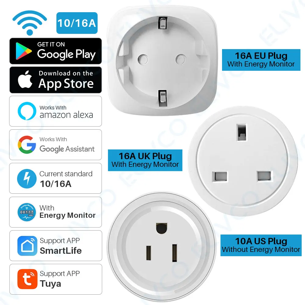 

16A EU UK WiFi Smart Plug Socket With Power Energy Monitor 10A US Plug SmartLife APP Voice Control Works With Alexa Google Home